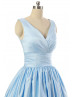 Sky Blue Satin V Neckline Corset Back Short Bridesmaid Dress